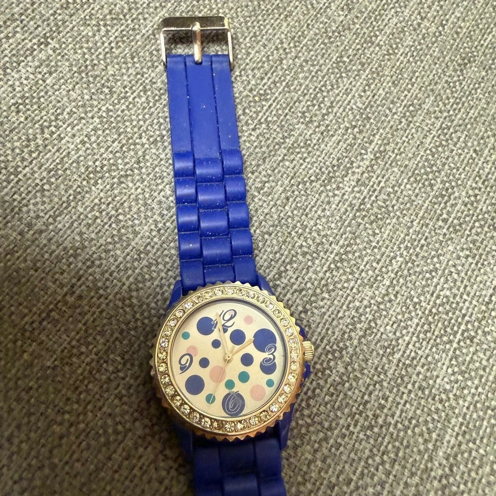 GT Blue Silicone Polka Dot Watch Rhinestone Bezel Japan Movement WORKS